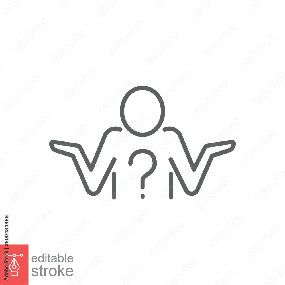 Shrug icon. Simple outline style. Doubt, unsure, person with question mark, people confused concept. Thin line symbol. Vector symbol illustration isolated on white background. Editable stroke EPS 10. Shrug icon. Simple outline style. Doubt, unsure, person with question mark, people confused concept. Thin line symbol. Vector symbol illustration isolated on white background. Editable stroke EPS 10.