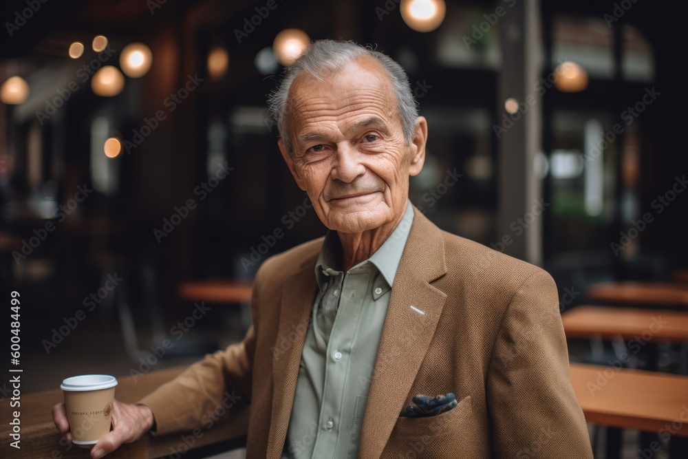 portrait of smiling senior man holding coffee cup and looking at camera in cafe portrait of smiling senior man holding coffee cup and looking at camera in cafe