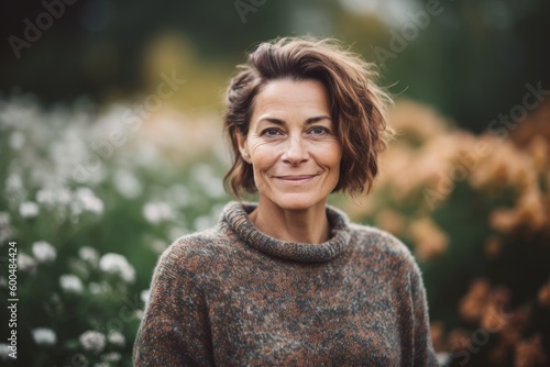 Lifestyle portrait photography of a grinning woman in her 40s wearing a cozy sweater against a floral meadow background. Generative AI