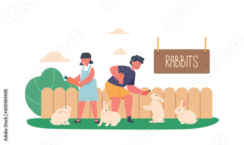 Children Characters Interact And Play With Rabbits On Livestock Farm. The Young Ones Pet And Feed The Funny Animals