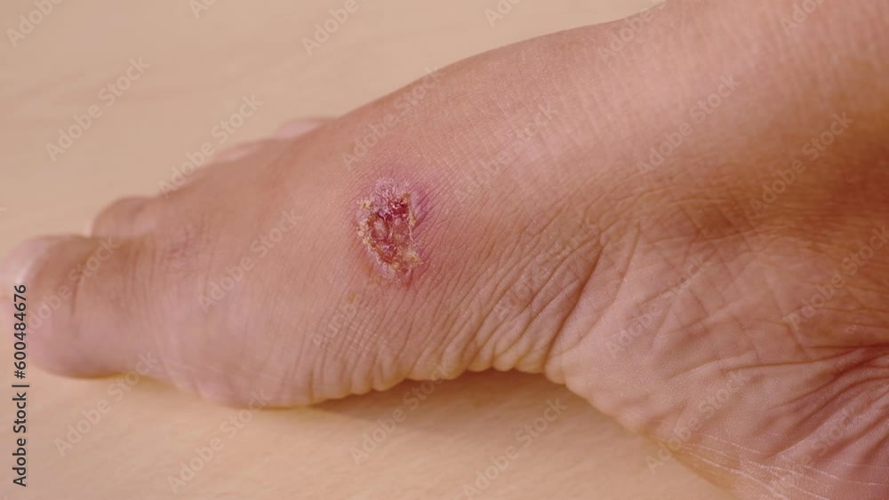 closeup of weeping wound, trophic ulcer on female leg, wound exudate(01)