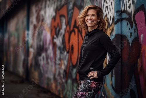 Portrait of a smiling middle aged woman in a black sportswear standing in front of a graffiti wall.