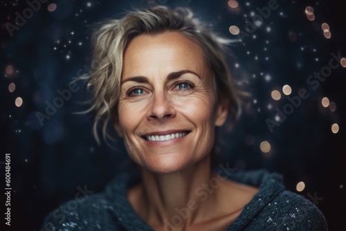 Portrait of smiling senior woman with snowflakes in the background