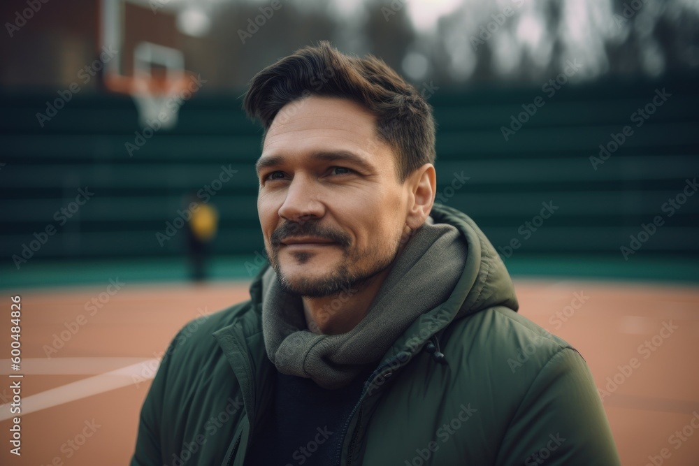 Portrait of a handsome young man in a green jacket and gray scarf on the tennis court.