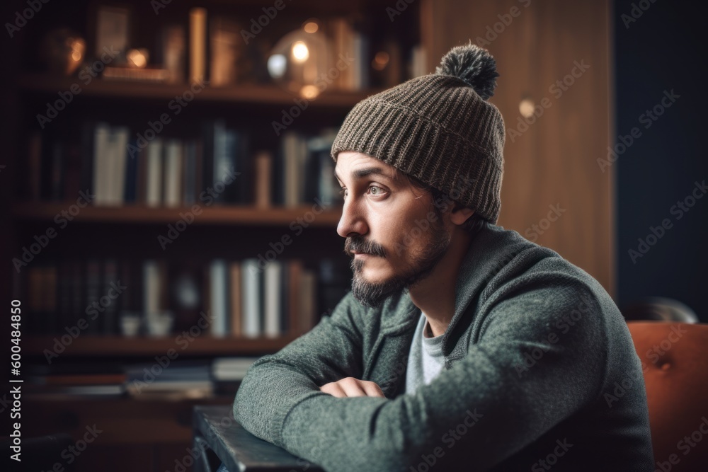 Portrait of a bearded man in a knitted cap and sweater sitting on a sofa in a library.