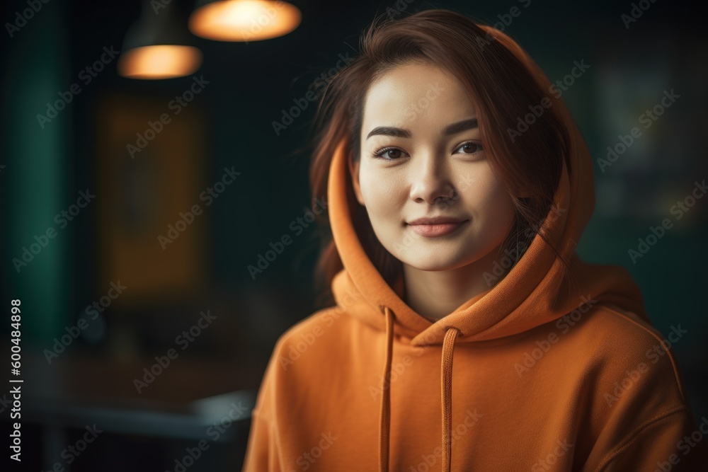 Portrait of a beautiful asian girl in orange hoodie. Portrait of a beautiful asian girl in orange hoodie.