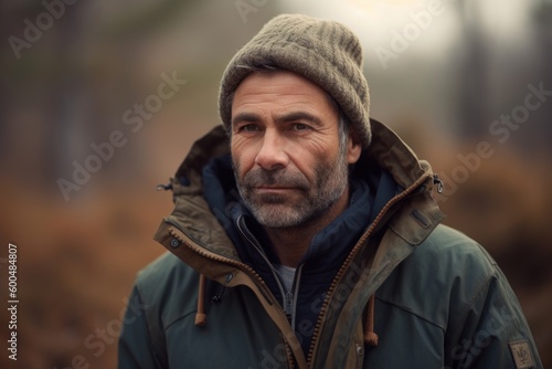 Portrait of a mature man in the autumn forest. Men's beauty, fashion.