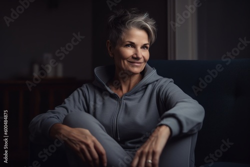 Portrait of a smiling middle-aged woman sitting on a sofa at home