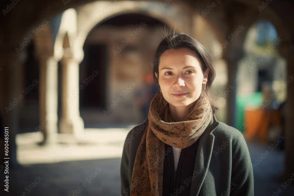 Group portrait photography of a pleased woman in her 30s wearing a chic cardigan against a monastery or spiritual retreat background. Generative AI - obrazy, fototapety, plakaty 
