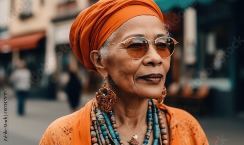 Image of stylish ethnic senior woman on street, generative AI