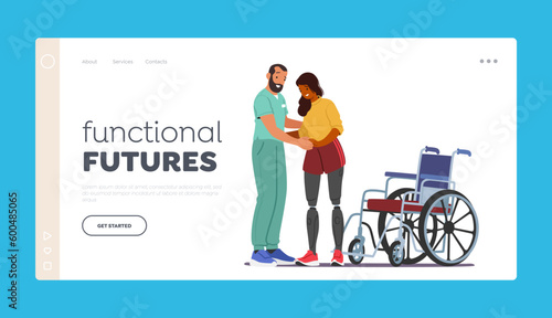 Functional Futures Landing Page Template. Young Woman Character Undergo Rehabilitation After Receiving Prosthetic Legs