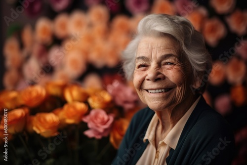 Portrait of a smiling senior woman looking at the camera with flowers in the background