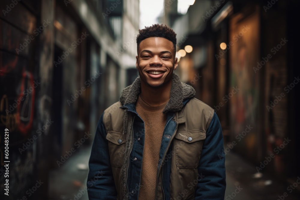 Fototapeta premium Portrait of a handsome young african american man smiling in the city.