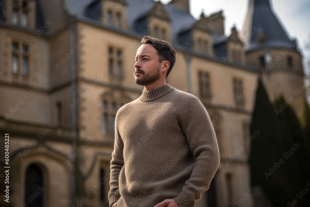 Portrait of a handsome man in a sweater standing in front of the castle Portrait of a handsome man in a sweater standing in front of the castle