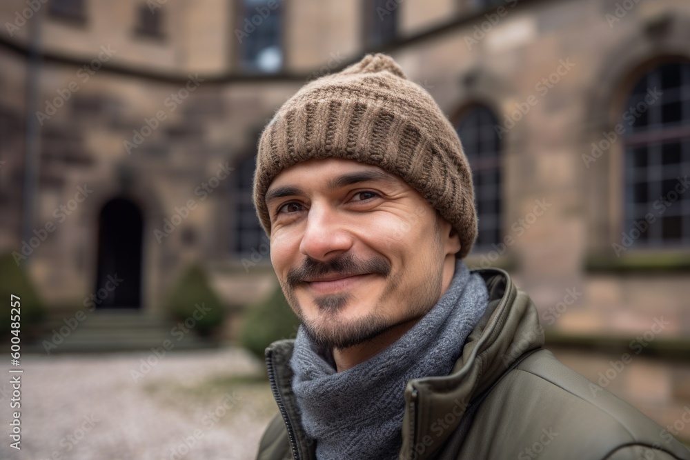 Portrait of a smiling man in a hat and scarf in the city Portrait of a smiling man in a hat and scarf in the city