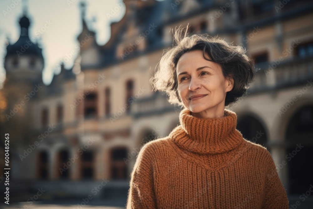 Portrait of a beautiful middle-aged woman in a warm sweater on a city street Portrait of a beautiful middle-aged woman in a warm sweater on a city street