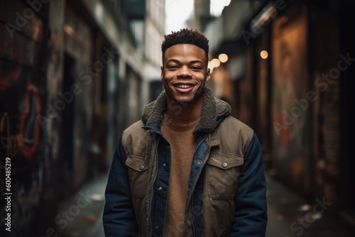 Portrait of a handsome young african american man smiling in the city.