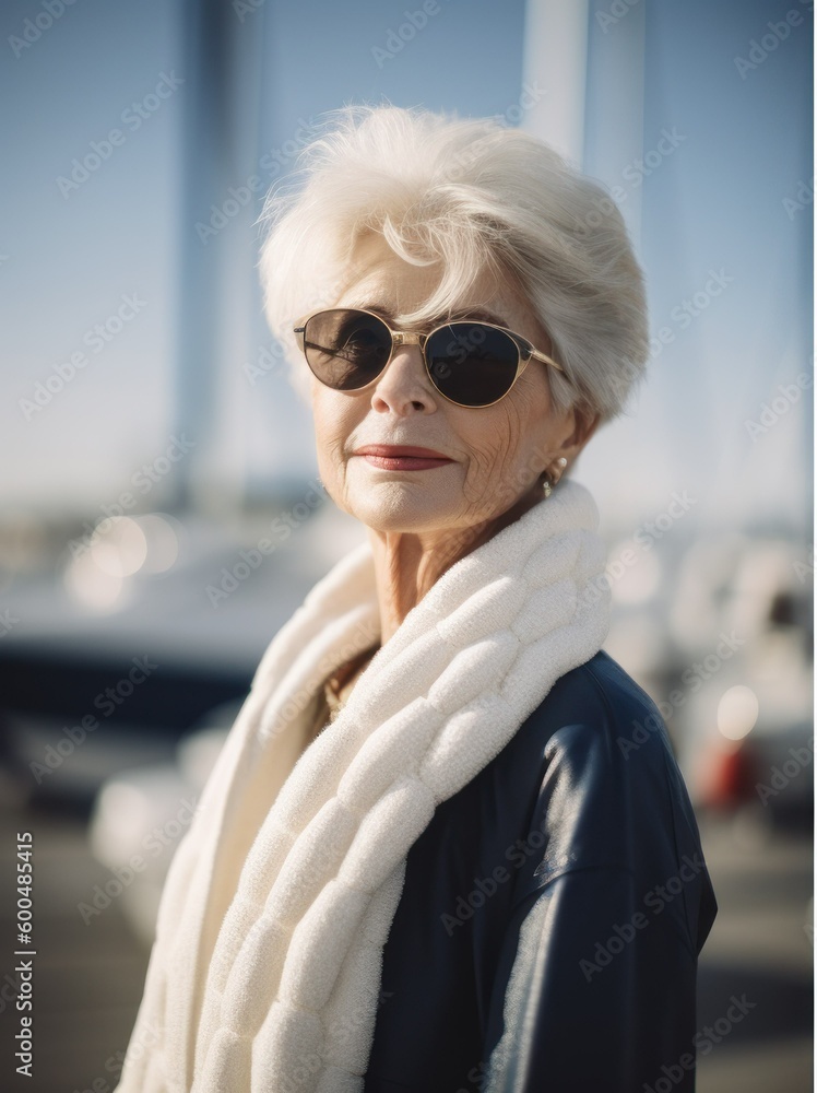 Portrait of senior woman in sunglasses and white fur coat on pier