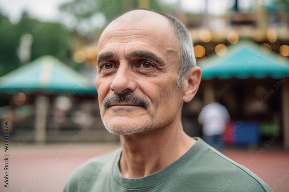 portrait of a senior man in a green T-shirt on the street