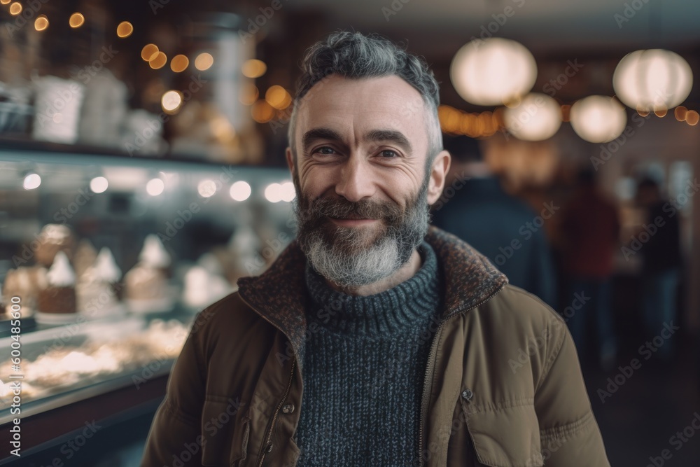 Portrait of mature bearded man looking at camera and smiling while standing in cafe Portrait of mature bearded man looking at camera and smiling while standing in cafe
