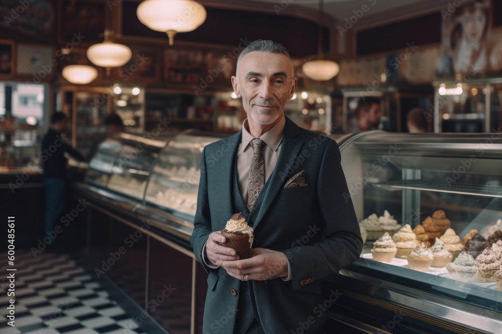 Portrait of mature man holding cupcake in cafe. Man in suit standing with cupcake in cafe.