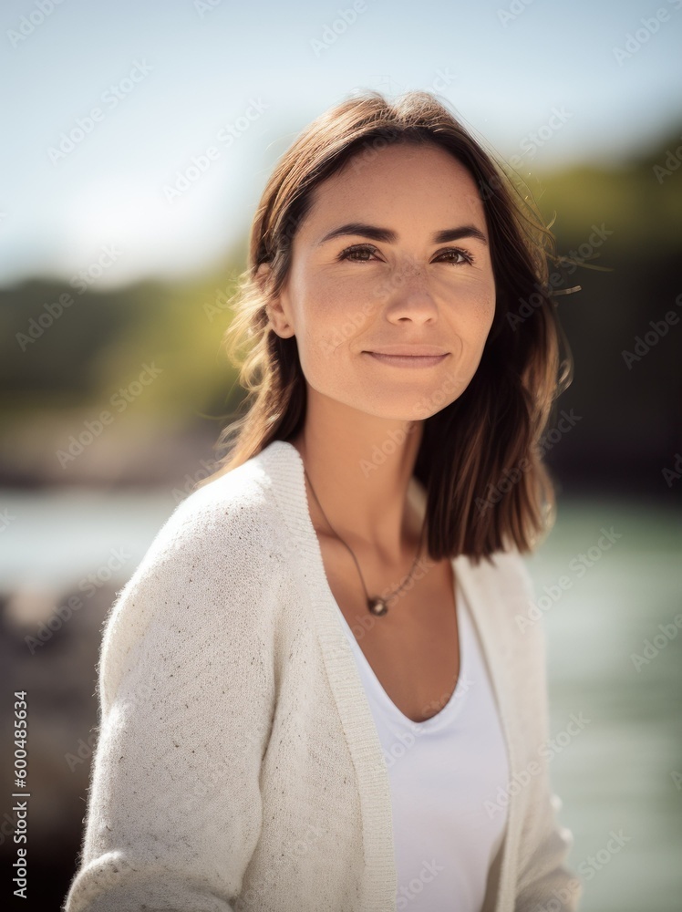 Portrait of a beautiful young woman in a white sweater on the beach