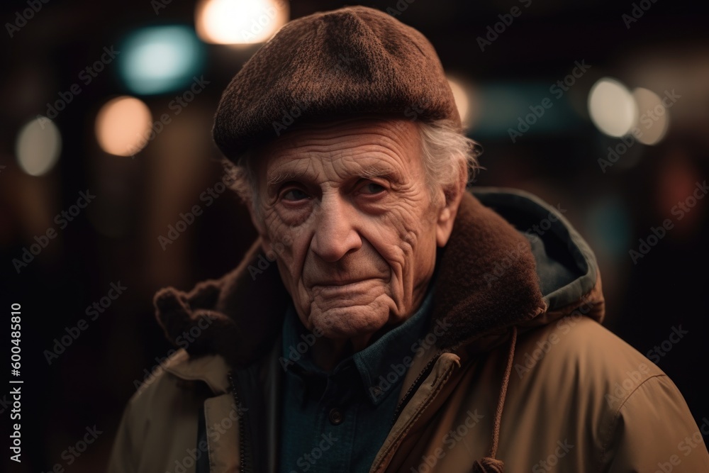 Portrait of an elderly man at night in a city street. Portrait of an elderly man at night in a city street.