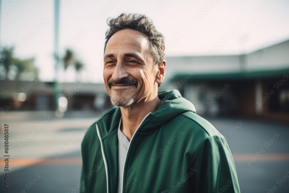 portrait of handsome middle aged man smiling at camera while standing outdoors portrait of handsome middle aged man smiling at camera while standing outdoors