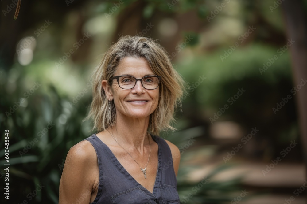 Portrait of smiling woman with eyeglasses looking at camera in garden Portrait of smiling woman with eyeglasses looking at camera in garden