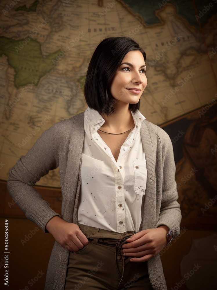 Fototapeta premium Portrait of a beautiful young brunette woman in front of a map