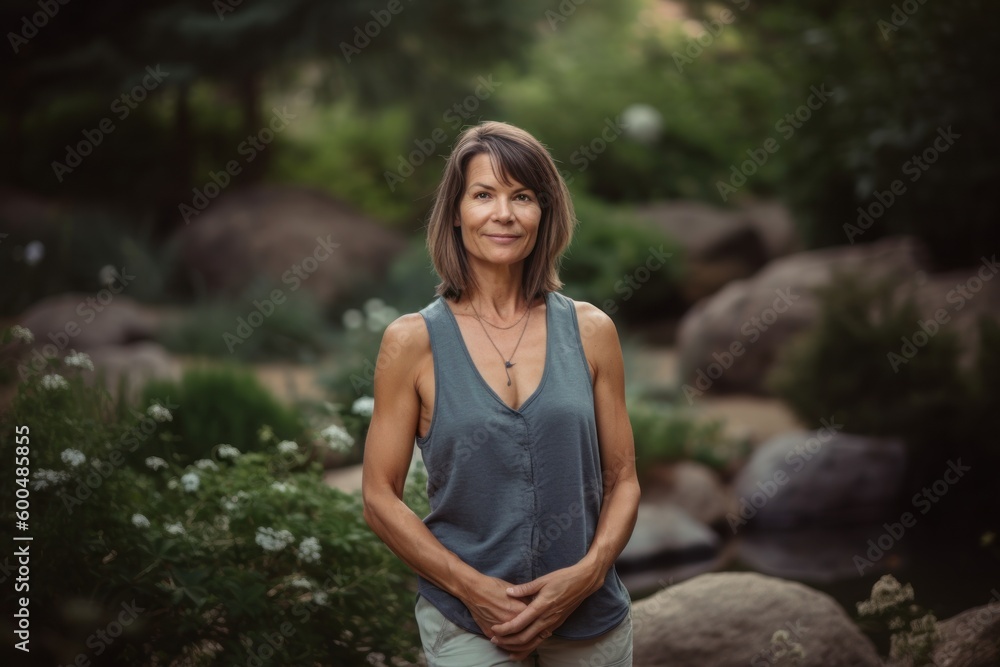 Portrait of mature woman standing with hands on hips in the garden Portrait of mature woman standing with hands on hips in the garden
