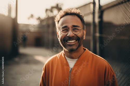 Portrait of a smiling man in an orange sweatshirt and glasses.
