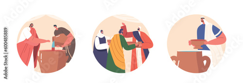 Isolated Round Icons Jesus Performs Miracle At Wedding in Cana, Turning Water Into Wine. Guests Are Amazed