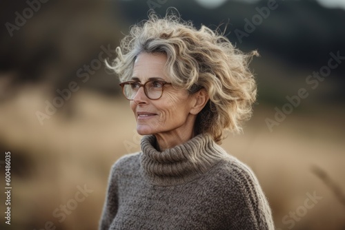 Portrait of a beautiful senior woman with short wavy hair in a knitted sweater outdoors.