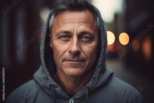 Portrait of a mature man in a hooded sweatshirt on a city street.