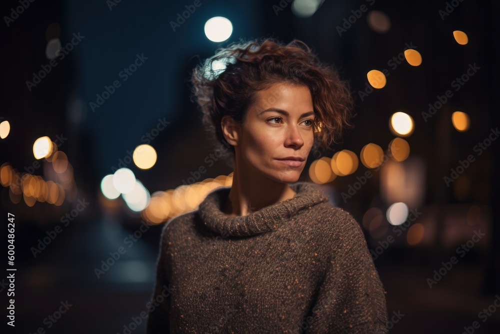 Full-length portrait photography of a tender woman in her 30s wearing a cozy sweater against a nighttime city background. Generative AI Full-length portrait photography of a tender woman in her 30s wearing a cozy sweater against a nighttime city background. Generative AI