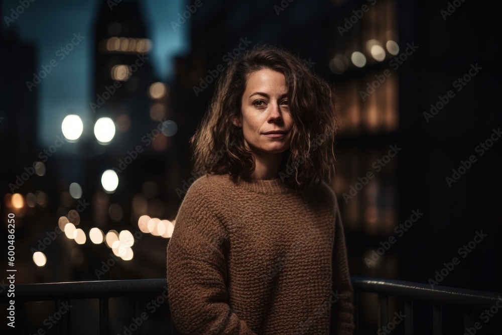 Portrait of a beautiful young woman in the city at night.
