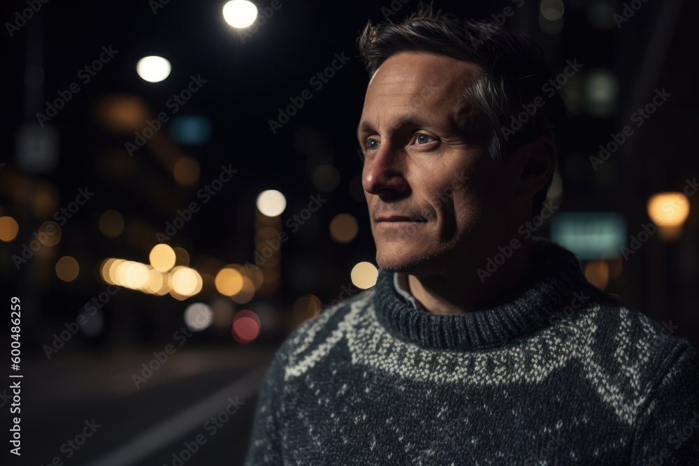 Portrait of a handsome middle-aged man in the city at night Portrait of a handsome middle-aged man in the city at night