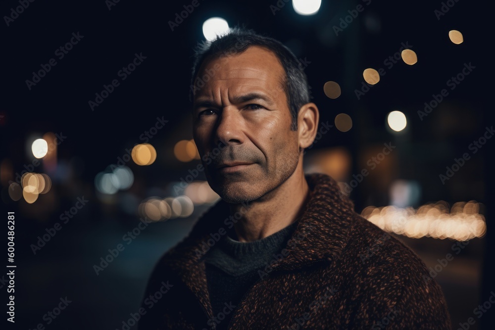 Portrait of a middle-aged man on the street at night Portrait of a middle-aged man on the street at night