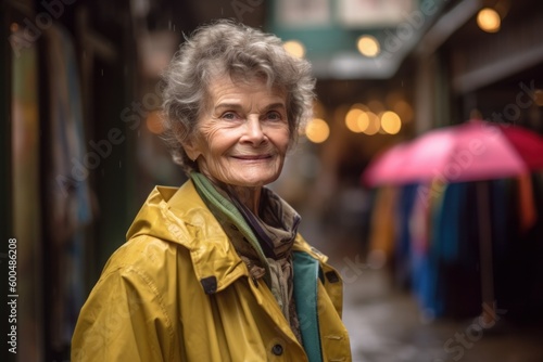 Lifestyle portrait photography of a pleased woman in her 60s wearing a vibrant raincoat against an antique shop or vintage market background. Generative AI © Robert MEYNER