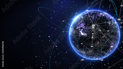 Abstract digital realistic of 3d rendering earth with data low poly number, flare ring, futuristic line illustration background. Concept of global business and technology.