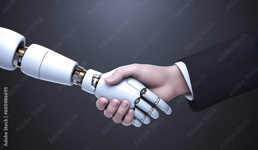 Robot and businessman in handshake. Concept of human robot relationships. AI generated image. Robot and businessman in handshake. Concept of human robot relationships. AI generated image.