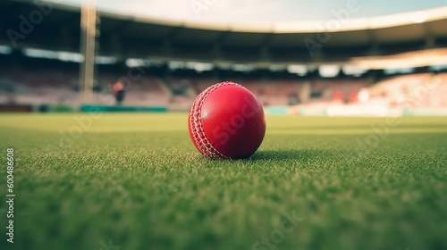 closeup of red cricket ball in stadium, Generative Ai