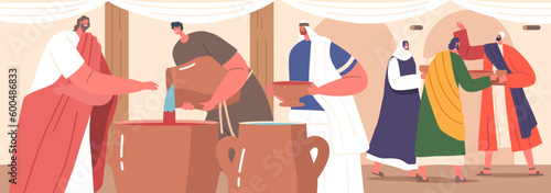 Jesus Performs A Miracle At A Wedding, Turning Water Into Wine. The Guests Characters Are Amazed By The Quality Of Wine