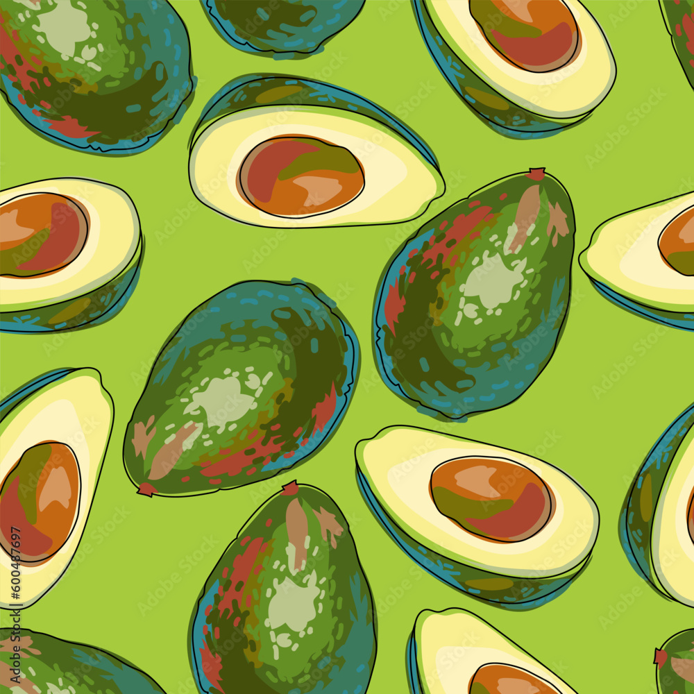 Seamless pattern with avocados on a green background. Whole avocados ...