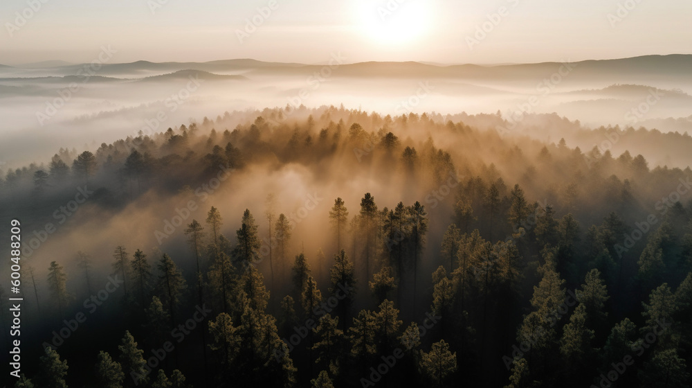 Morning mist over the pine forest. AI