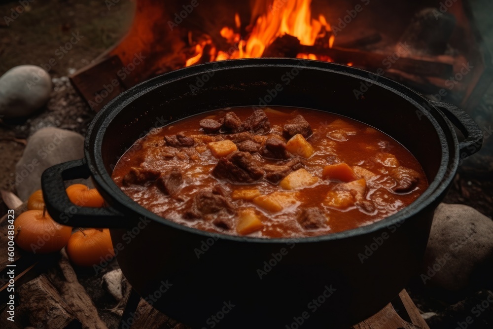 A traditional Hungarian goulash stew bubbling in a cauldron over an open fire. Capture the hearty, comforting food that keeps people warm in the cold Hungarian winters. Generative AI A traditional Hungarian goulash stew bubbling in a cauldron over an open fire. Capture the hearty, comforting food that keeps people warm in the cold Hungarian winters. Generative AI