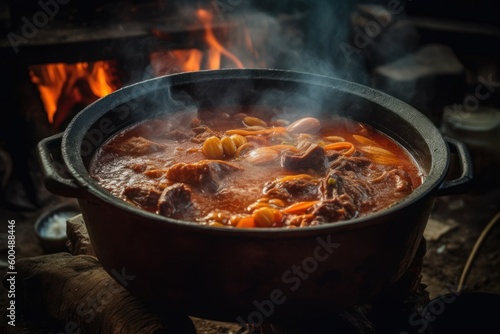 A traditional Hungarian goulash stew bubbling in a cauldron over an open fire. Capture the hearty, comforting food that keeps people warm in the cold Hungarian winters. Generative AI