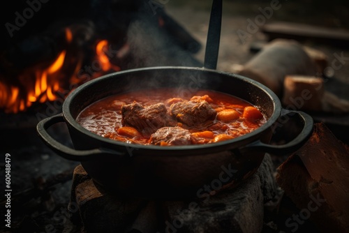 A traditional Hungarian goulash stew bubbling in a cauldron over an open fire. Capture the hearty, comforting food that keeps people warm in the cold Hungarian winters. Generative AI