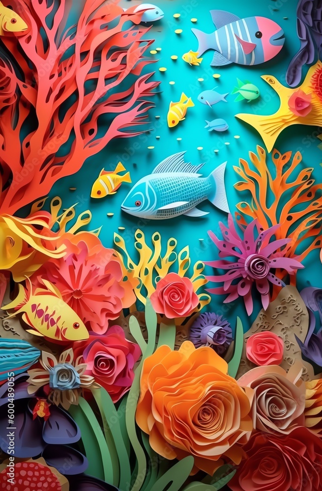 A colorful paper cut out of a sea of fish.